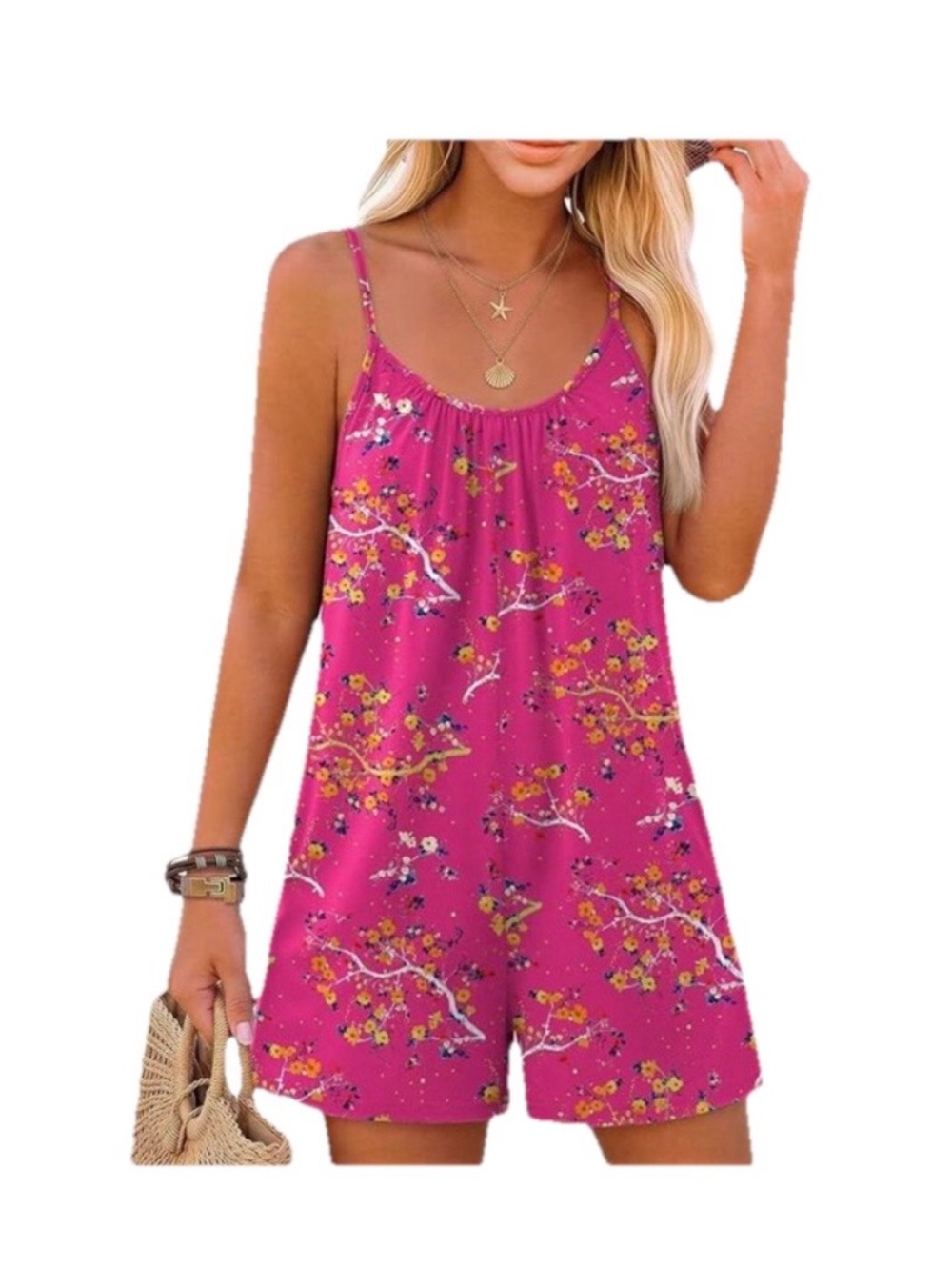Ekouaer Romper Sz 2XL Pink Floral Spaghetti-Strap Side Pockets Casual Beach Wear
